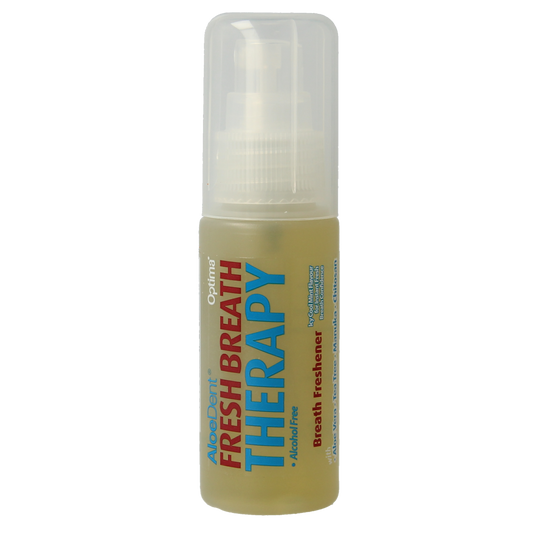 Optima Aloe Dent Fresh Breath Spray 30ml for oral hygiene and breath freshening, featuring aloe extract for a clean, fresh mouth.