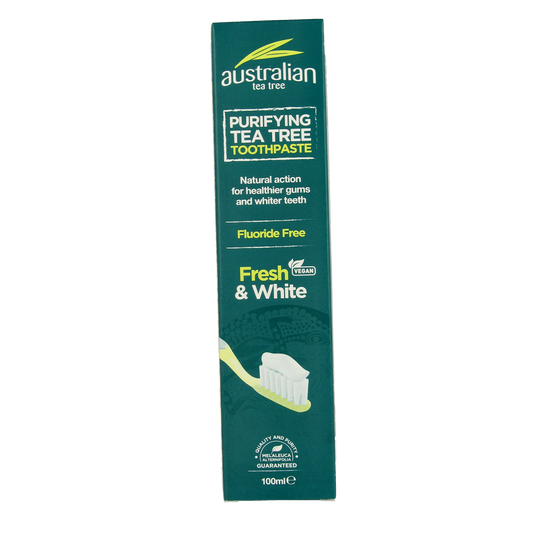 Optima Australian Tea Tree Fresh & White toothpaste in 100ml tube with tea tree extract and whitening formula.