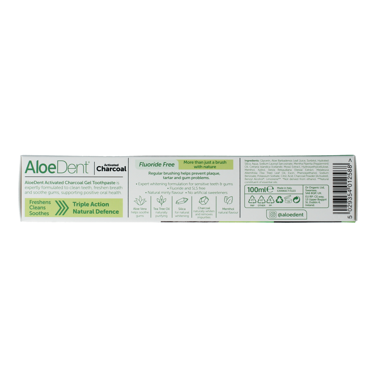 Aloe Dent Charcoal toothpaste tube, 100ml, with black and white packaging, designed for fresh breath and whitening teeth.