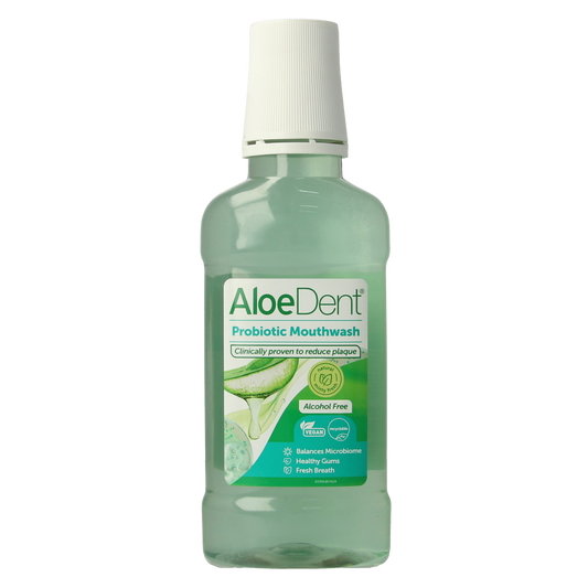 Aloe Dent probiotic mouthwash in a 250ml bottle, showing the label and cap, designed for oral hygiene and freshening breath.