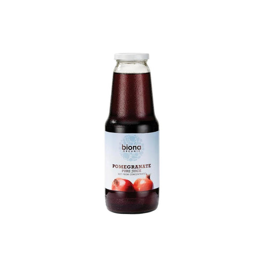 Biona bio pomegranate juice in a 1-liter bottle, displaying fresh pomegranate fruit and the clear juice inside.