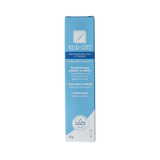 Kelo Cote Silicon littekengel tube, 15 grams, for scar treatment in body skincare, with a white and silver packaging design.