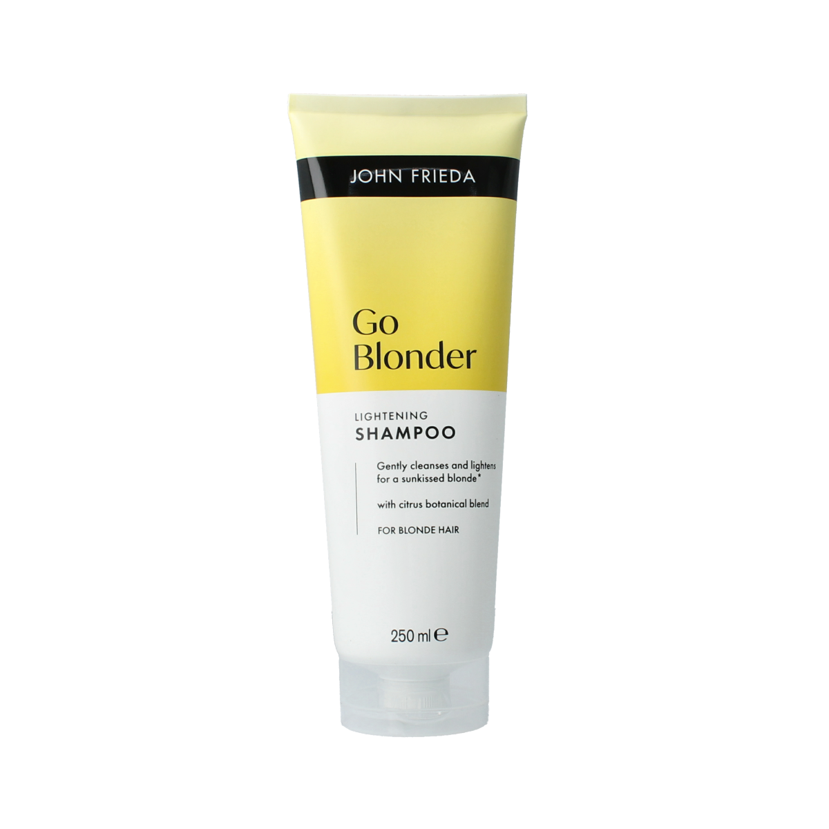 John Frieda Sheer Blond Go Blonder lightening shampoo in 250ml bottle, showcasing the product and packaging.
