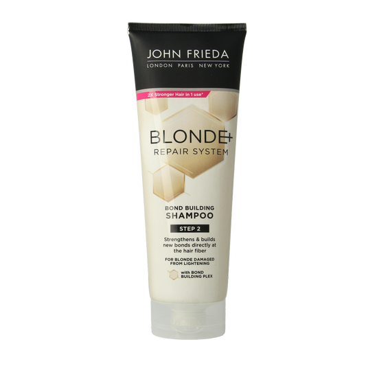 John Frieda Blonde Repair Bond Shampoo 250ml bottle, creamy formula, with a sleek label, designed for blonde hair repair and strengthening.