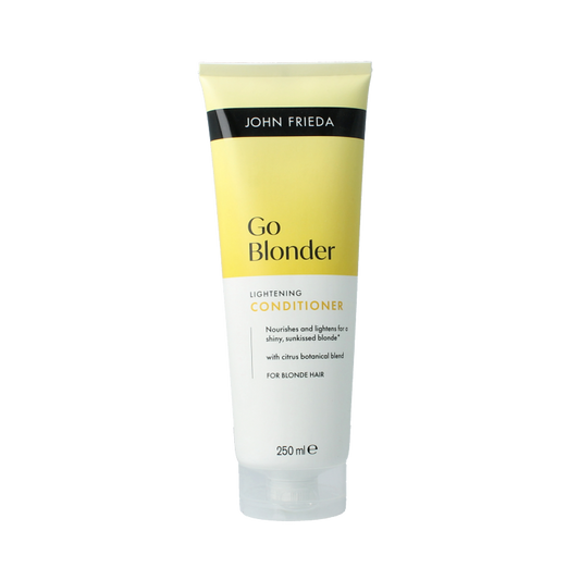 John Frieda Go Blonder lightening conditioner bottle, 250ml, in a clear plastic container with label, for blonde hair care.