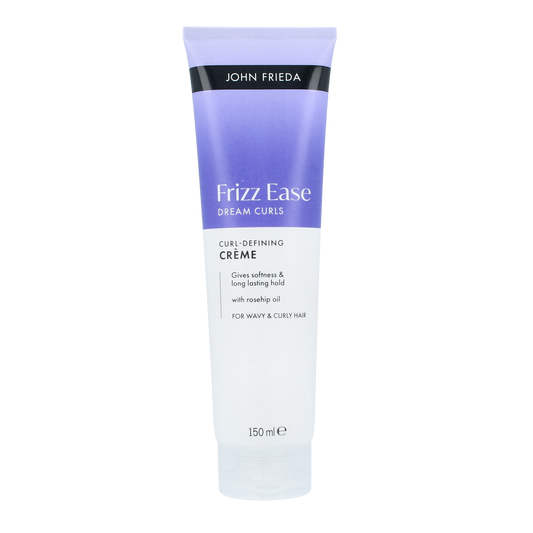 John Frieda Dream Curls refining cream in 150ml tube, designed for enhancing and defining curly hair.