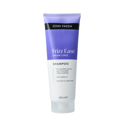 John Frieda Dream Curls shampoo bottle, 250ml, for curly hair, in a white and purple packaging with brand logo.