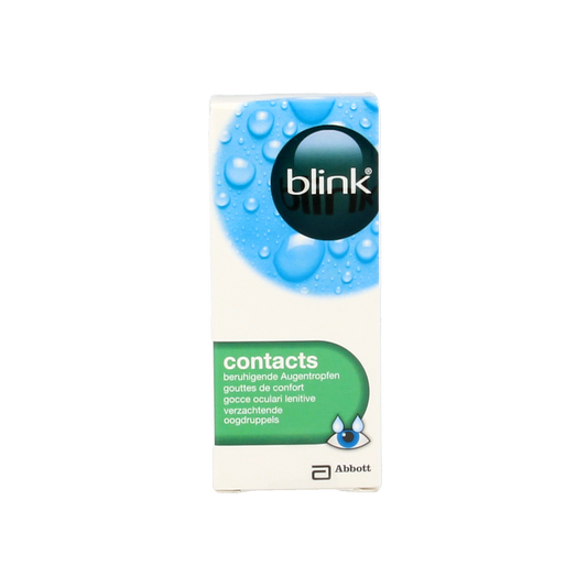 Blink contacts eye drops 10ml bottle, eye care product from Blink with clear liquid inside for moisturizing and soothing eyes.