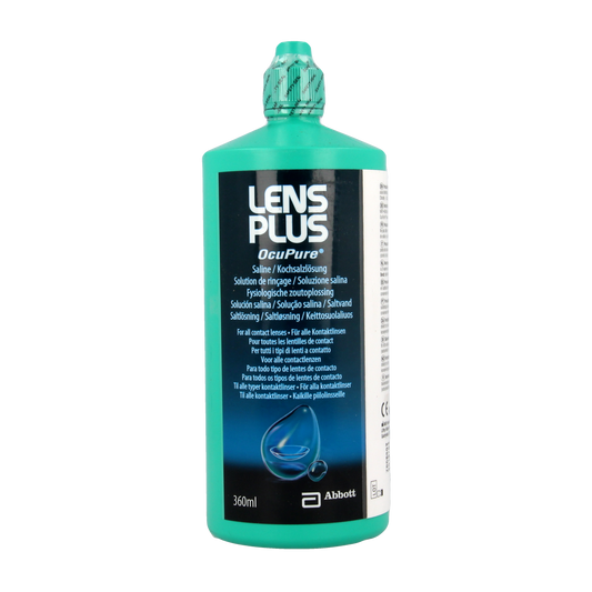 Lens Plus Ocupure contact lens solution in 360ml bottle, suitable for cleaning and storing contact lenses.