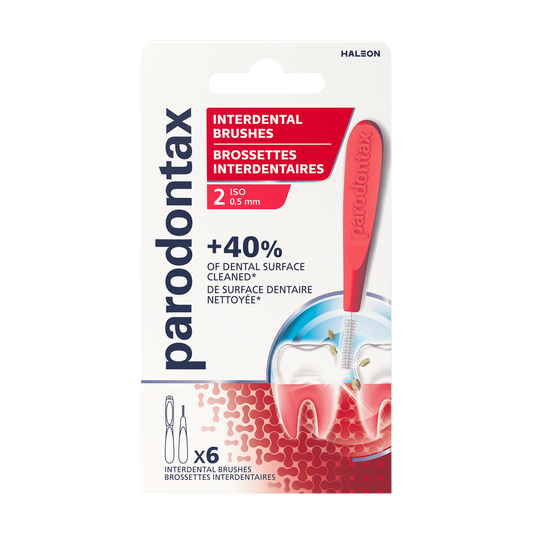 Parodontax interdental floss picks size 2, set of 6, designed for effective cleaning between teeth with dental care brand.