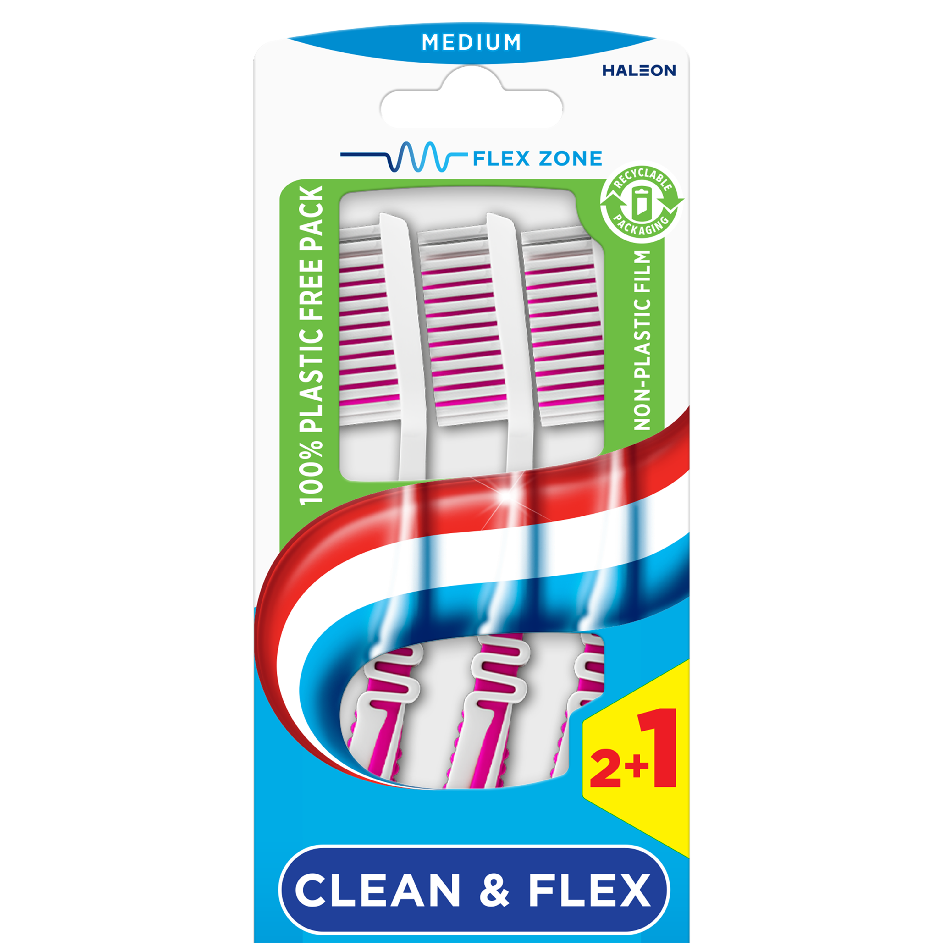 Aquafresh clean & flex medium toothbrushes, pack of 3, with blue and white bristles and flexible neck for effective cleaning.