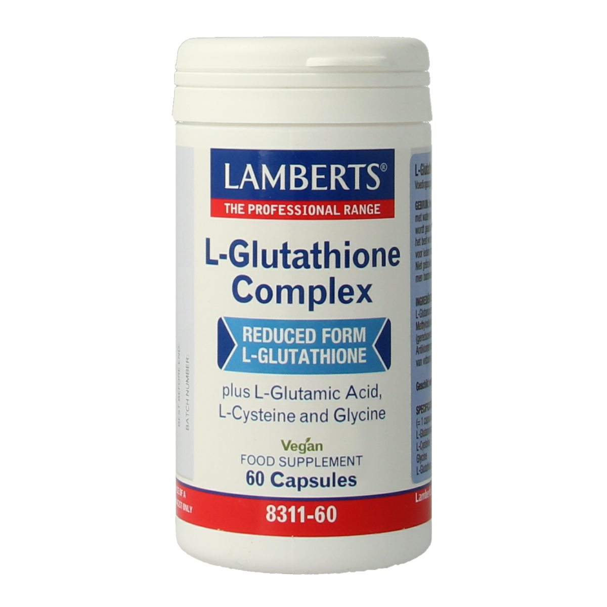 Lamberts L-Glutathion complex capsules, dietary supplement with amino acids, in a bottle with 60 capsules.
