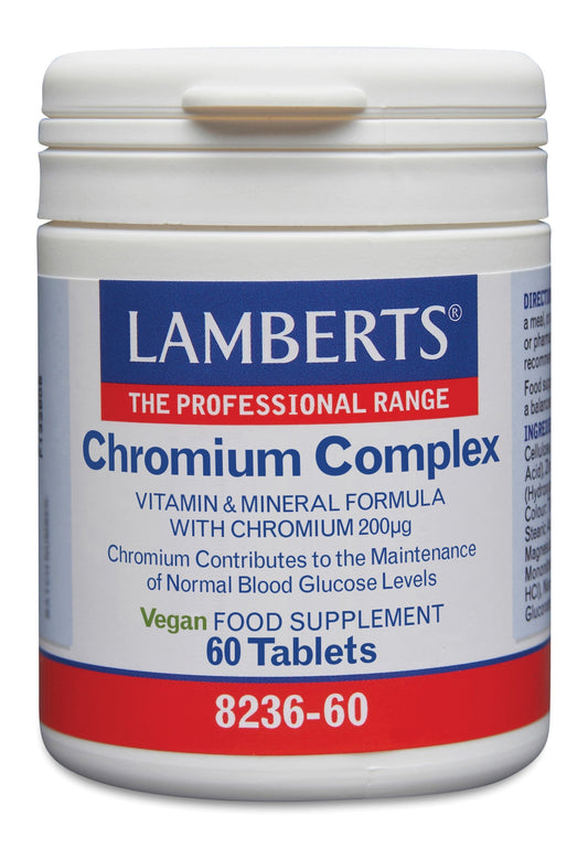 Lamberts Chromium Complex mineral supplement in a bottle of 60 tablets, featuring a white container with a label.
