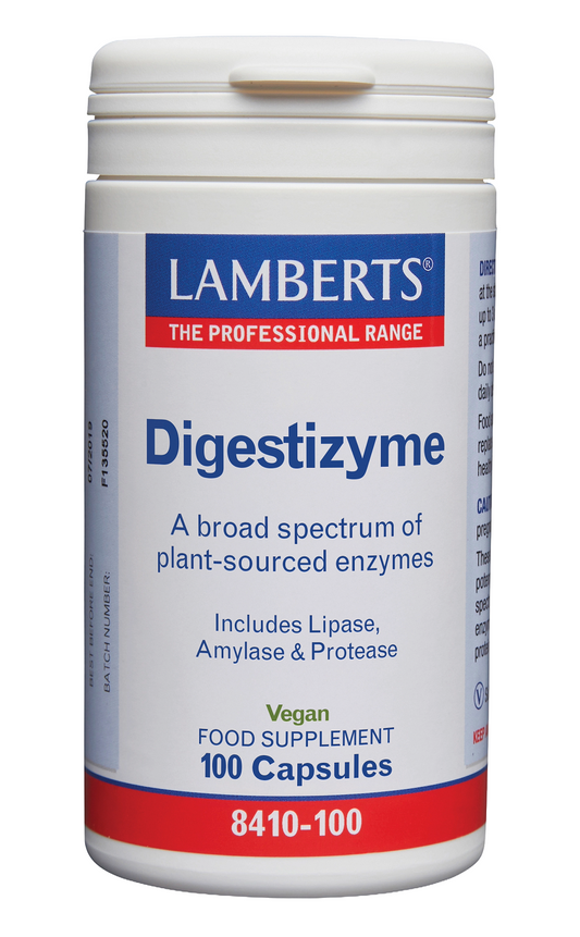 Lamberts Digestizyme vegetarian capsules containing digestive enzymes and fiber supplements in a bottle.