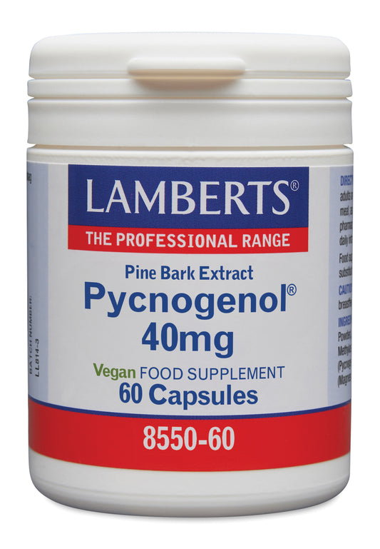 Lamberts Pijnboombast extract (Pycnogenol 40mg) vegetarian capsules, herbal supplement in a clear bottle with capsules inside.