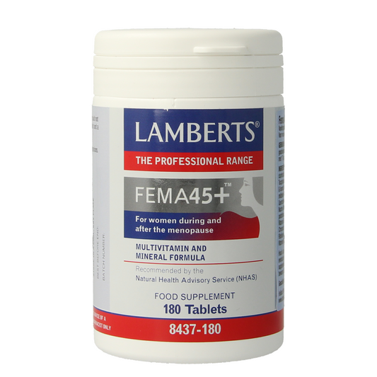Lamberts FEMA 45+ multivitamin tablets, 180-count bottle, dietary supplement for women over 45, with essential vitamins.