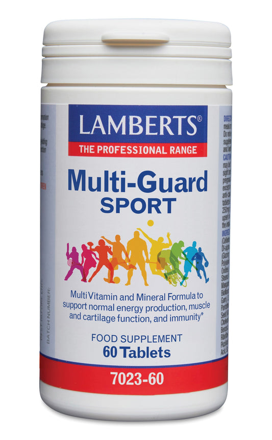 Lamberts Multi-Guard Sport multivitamin tablets in a container, showing the label and colorful tablets inside.
