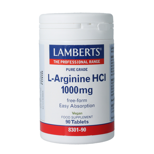 Lamberts L-Arginine 1000mg amino acid tablets in a bottle, dietary supplement for healthy blood flow and cardiovascular support.