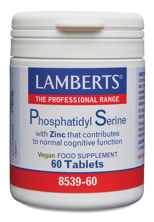 Lamberts Phosphatidylserine 100mg supplement tablets, herbal preparation, arranged in a bottle with white tablets inside.