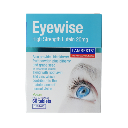 Lamberts Eyewise vitamine multi with 20mg luteïne, 60 tablets for eye health, displayed in the bottle with tablets inside.