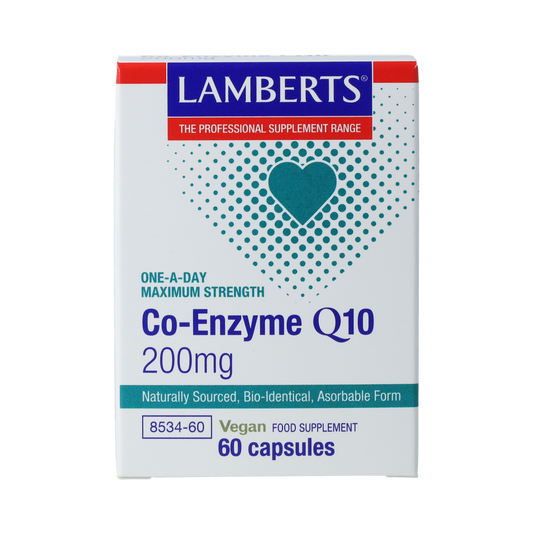 Lamberts CoQ10 200mg vegetarian capsules, dietary supplement in a white bottle with a label showing supplement details.