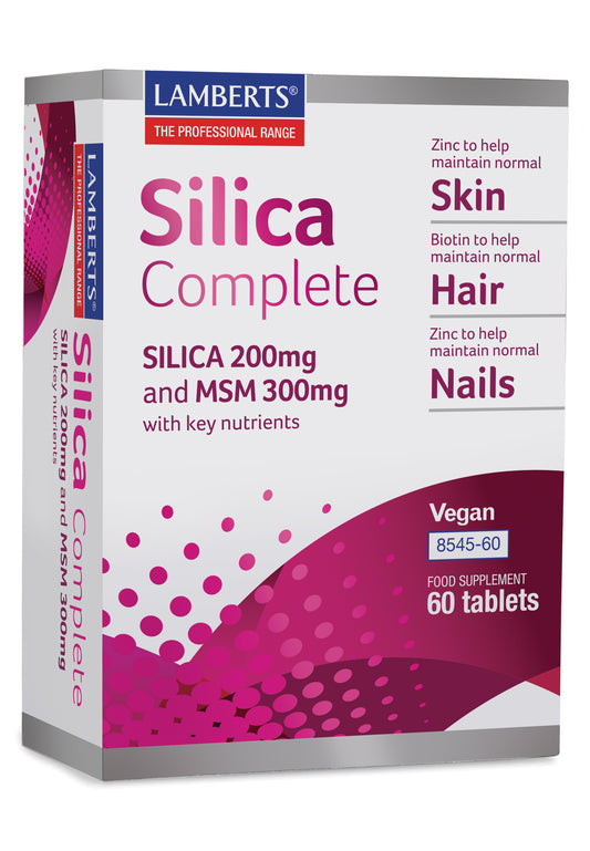 Lamberts Silica Compleet mineral supplement tablets in a bottle, showing the label and 60 tablets.