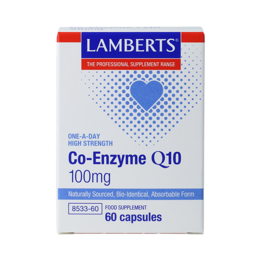 Lamberts Coenzyme Q10 100mg capsules in a bottle, dietary supplement for energy and heart health.
