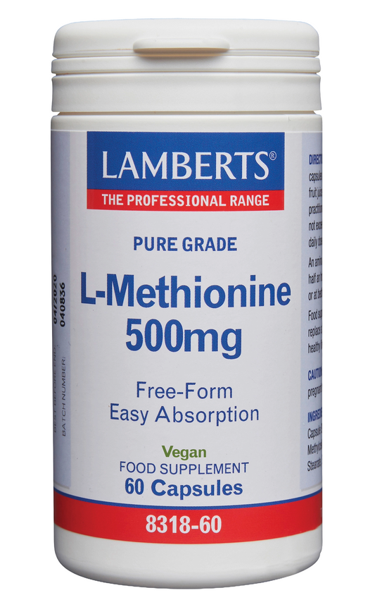 Lamberts L-Methionine 500mg vegetarian capsules, amino acid supplement in clear bottle with label showing capsules and brand logo.