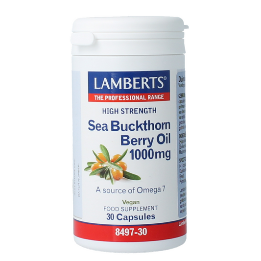 Lamberts Duindoornolie 1000mg capsules, Vetzuren supplement in a clear bottle with a white cap, labeled with product details.