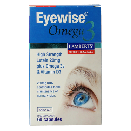 Lamberts Eyewise capsules with 20mg lutein and omega-3, in a bottle of 60 capsules, designed for eye health support.