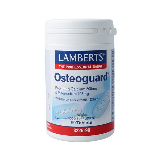 Lamberts Osteoguard mineral supplement tablets, a multi-mineral product in a blister pack with white tablets and packaging.