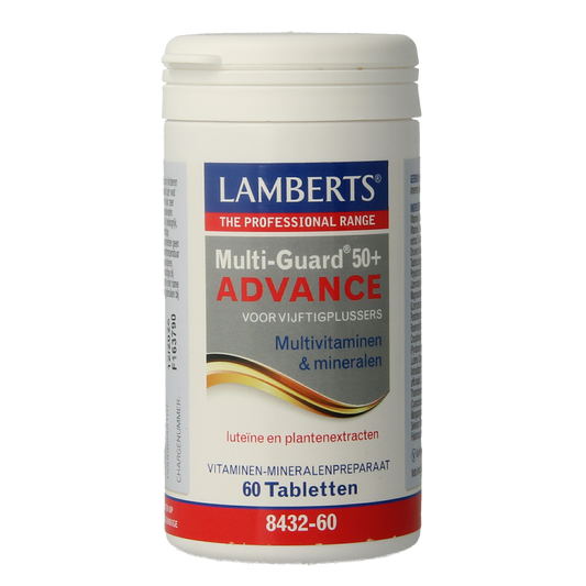 Lamberts Multi-Guard Advance 50+ multivitamin tablets in a bottle, designed for adults over 50 for daily nutritional support.