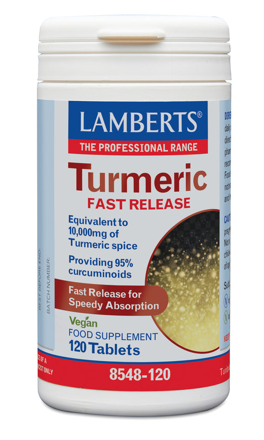 Lamberts Curcuma fast release turmeric tablets bottle with 120 capsules, herbal supplement in a white bottle with a blue label.