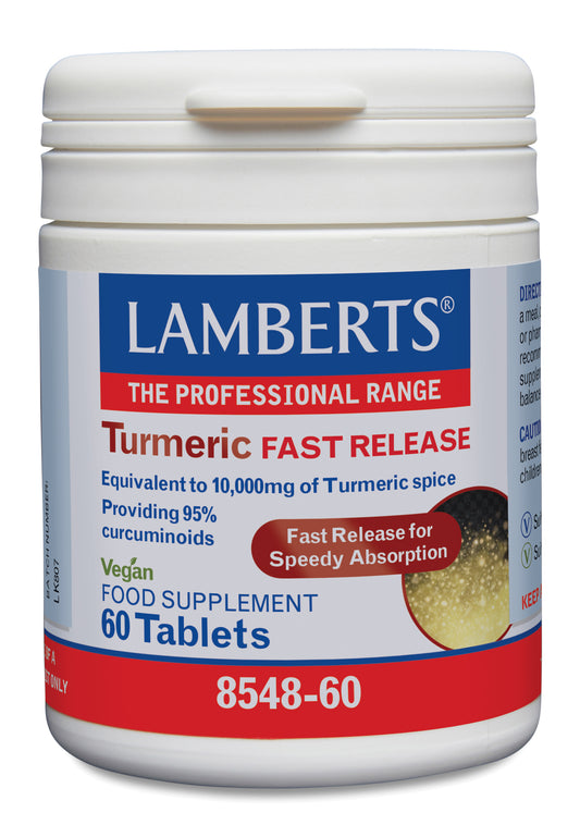 Lamberts Curcuma fast release turmeric tablets in a bottle, herbal supplement for joint and digestive health.