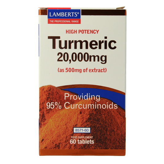 Lamberts Curcuma 20,000mg turmeric supplement in a bottle of 60 tablets with turmeric root images on the label.