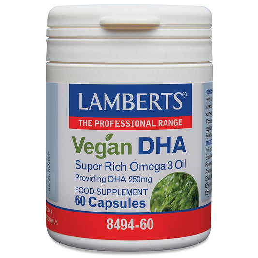 Lamberts Vegan DHA 250mg Vetzuren capsules, 60-count bottle, softgel dietary supplement with omega-3 from algae.