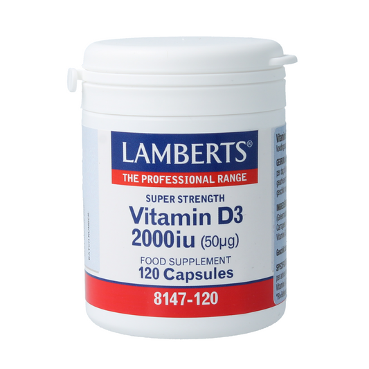 Lamberts Vitamin D3 2000IU 50mcg capsules, dietary supplement, with 120 capsules shown in the image.