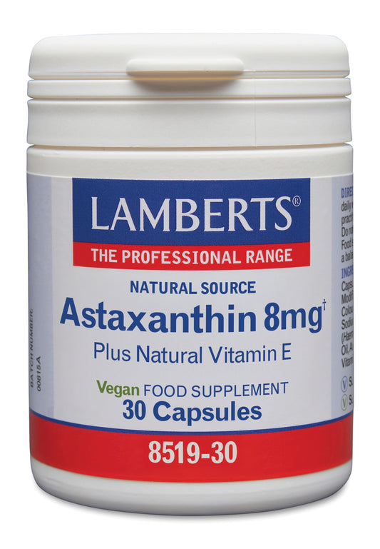 Lamberts Astaxanthine 8mg supplement in a bottle with 30 tablets, natural herbal health product from Lamberts brand