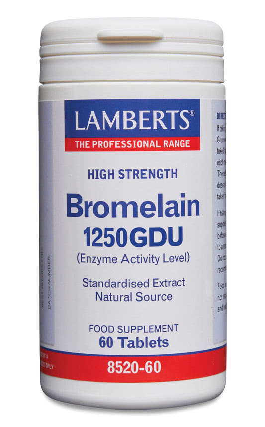 Lamberts Bromelaine enzyme supplement bottle with 60 tablets, dietary fiber and enzymes for digestive health