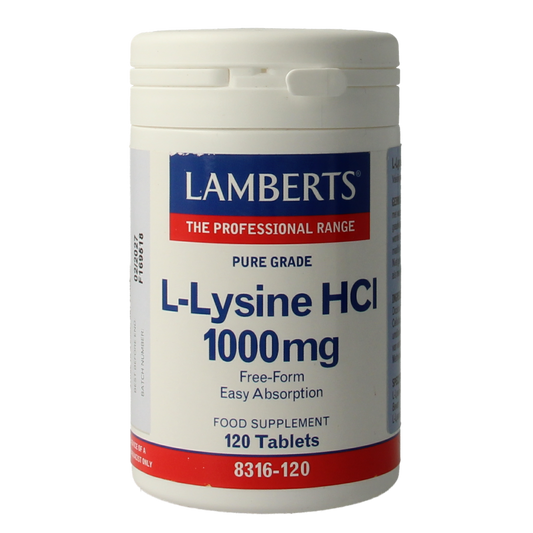 Lamberts L-Lysine 1000mg amino acid tablets, 120 count, with bottles and tablets visible in the image.