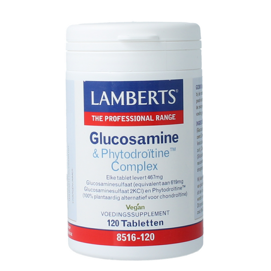 Vegan Lamberts Glucosamine & Phytodroitine complex tablets, mineral supplement in a bottle with 120 tablets.