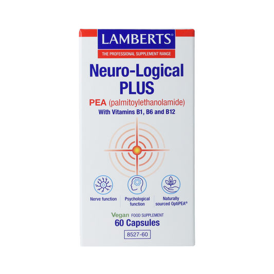 Lamberts Neuro-logical Plus PEA capsules, 400mg palmitoylethanolamide, Vetzuren dietary supplement, 60 capsules shown in bottle.