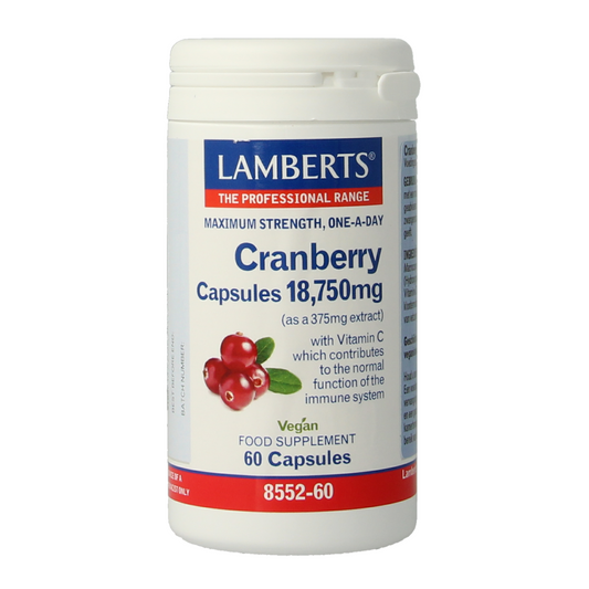 Lamberts Cranberry capsules in a bottle, herbal supplement packaging, with 60 capsules for urinary health support.