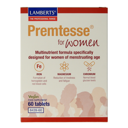 Lamberts Premtesse multivitamin tablets in a plastic bottle, designed for daily vitamin and mineral supplementation.