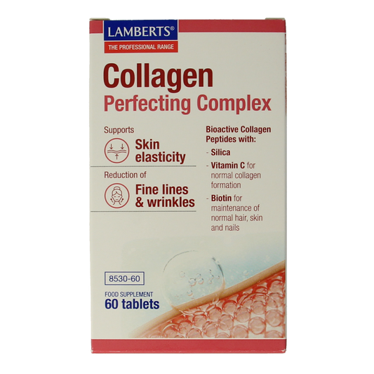Lamberts Collageen Perfectie Complex supplement in a bottle of 60 tablets, herbal supplement for skin and joint support.