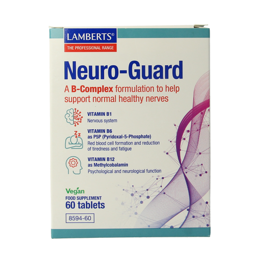 Lamberts Neuro-Guard supplement with B1, B6, B12 tablets, herbal formula for nerve health, in a blister pack