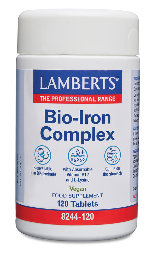 Lamberts Bio-ijzer complex herbal supplement in a bottle of 120 tablets, featuring natural ingredients for iron support.