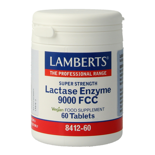 Lamberts Lactase Enzym 9000 FCC dietary supplement bottles with 60 tablets, designed to support digestion of dairy products.