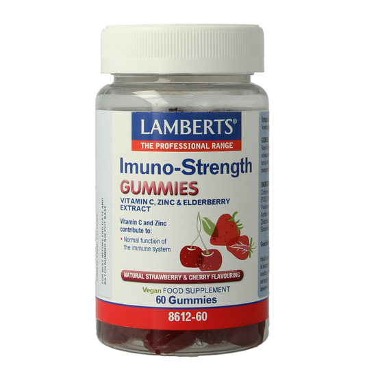 Lamberts Imuno-strength multivitamin gummies in a clear bottle, showing 60 gummy supplements for immune support.