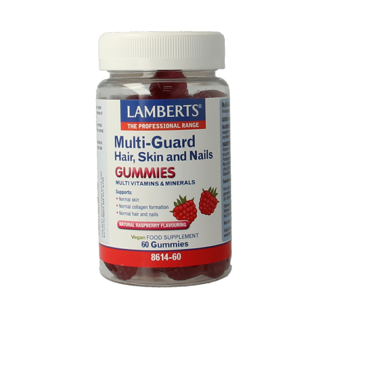 Lamberts Multi-Guard multivitamin gummies for hair, skin, and nails, 60 gummies in a clear bottle with colorful labeling.
